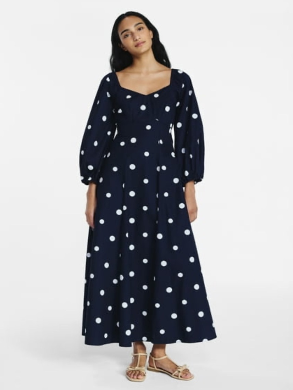 Polka Dot Maxi Dress with Sweetheart Neckline - Navy/White
